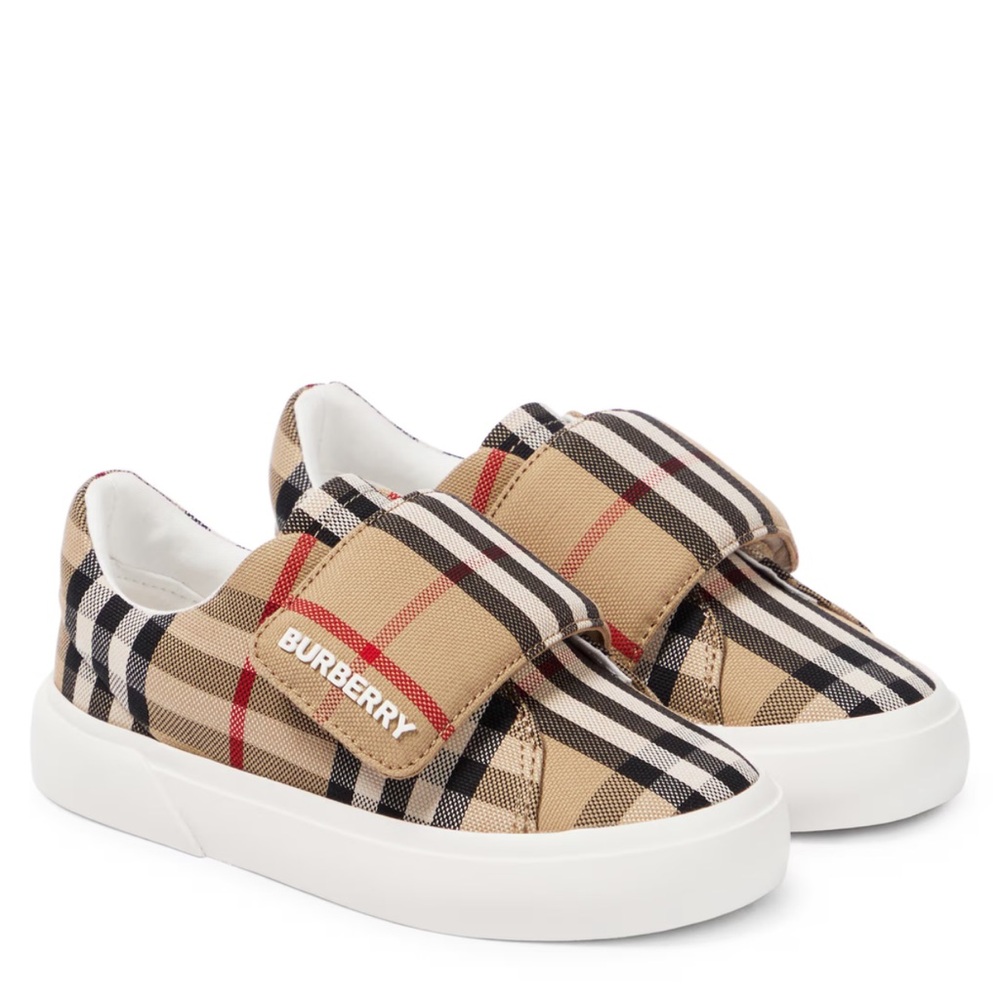 Burberry Tan and White Sneakers with Classic Plaid Design